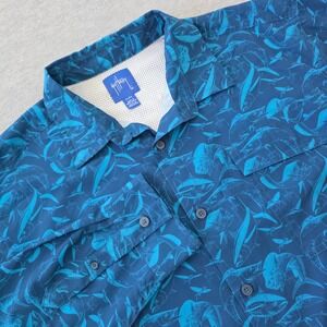 Guy Harvey Mens XL Blue Fish Print Performance Fishing Shirt Long Sleeve Vented